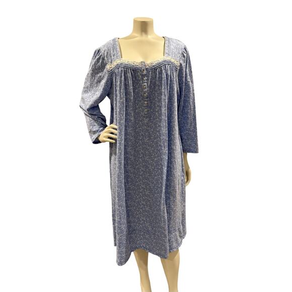 EILEEN WEST Blue Vines 100% COTTON KNIT Long Sleeve Short Nightgown Sz Large - Picture 1 of 8